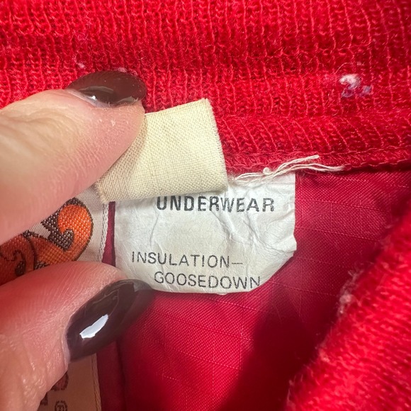 Vintage 70s Down Bomber Jacket Mens XL Red Quilted Snap Front Boxy Smokers Coat - Picture 6 of 8